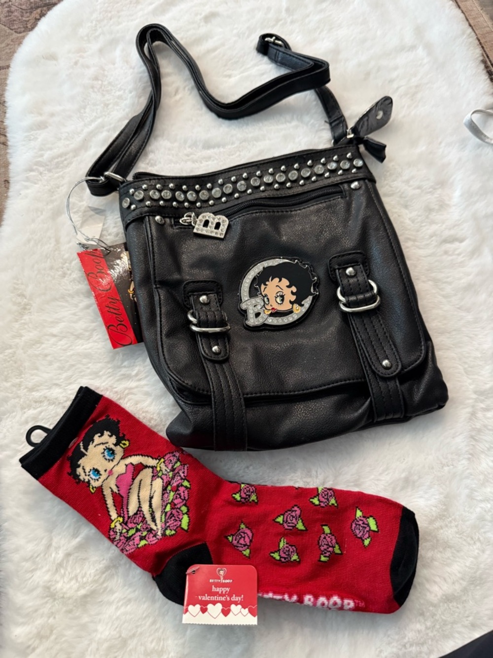 Betty Boop Black Faux Leather Studded Crossbody with Red Betty Boop Socks
